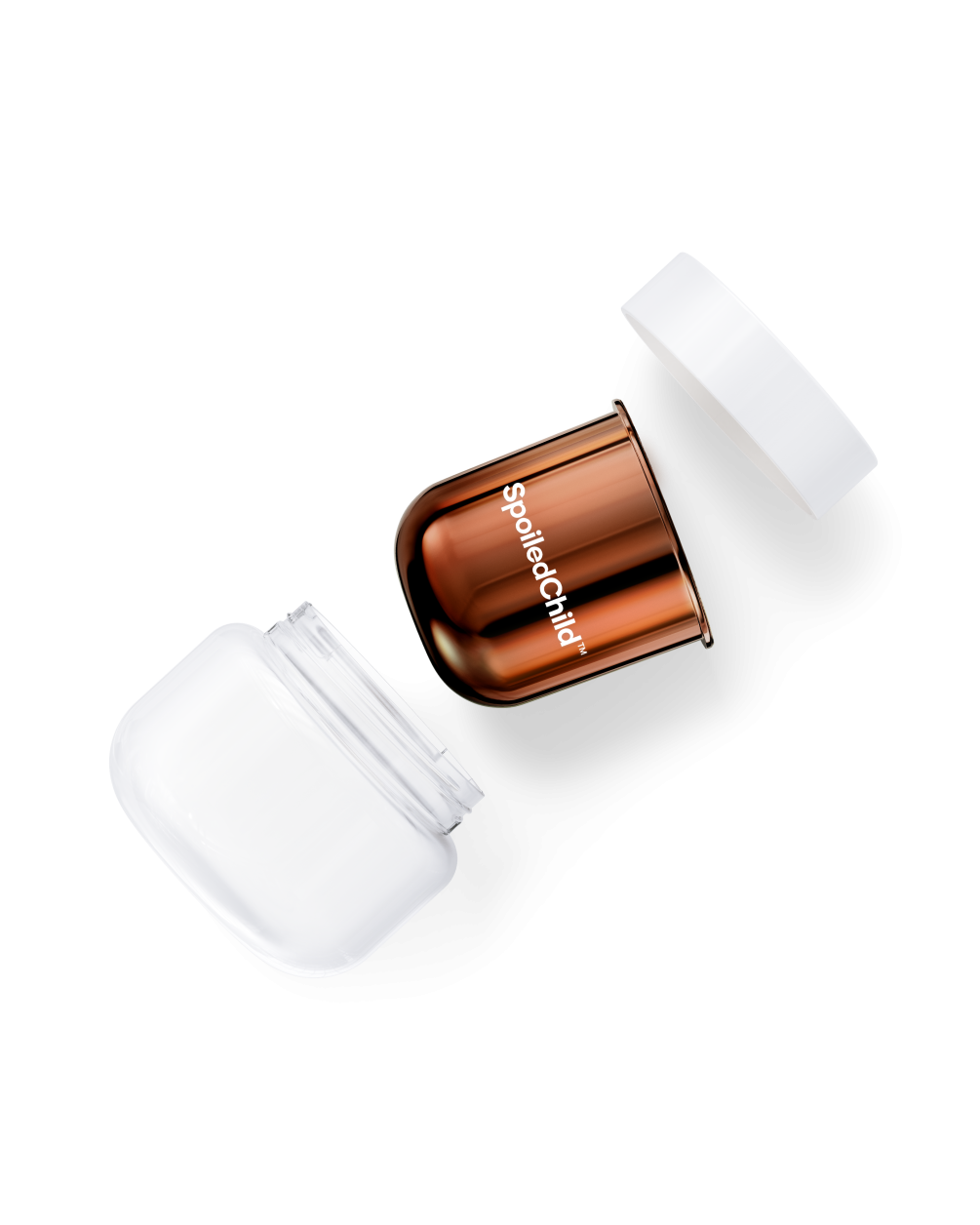 An overhead view of a disassembled SpoiledChild M26 Damage Reverser Hair Mask. A metallic copper refill capsule is shown between a white outer base and a white lid, illustrating the refillable packaging system against a white background.
