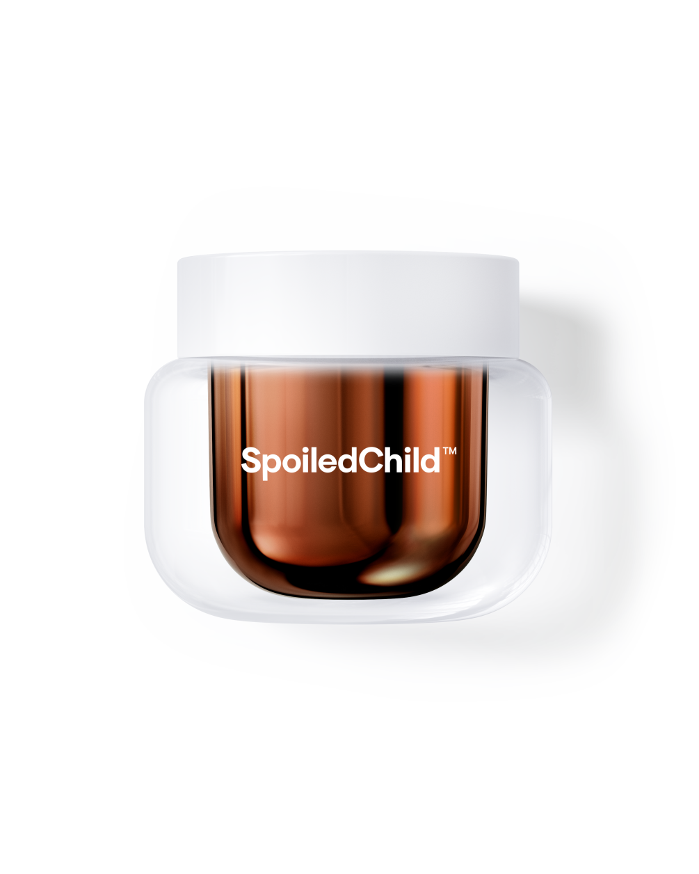 A product shot of a SpoiledChild M26 jar against a clean white background. The jar features a metallic copper-colored inner capsule visible through a clear outer shell, topped with a minimalist white lid.